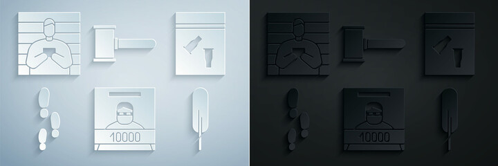 Set Wanted poster, Evidence bag and bullet, Footsteps, Feather pen, Judge gavel and Suspect criminal icon. Vector