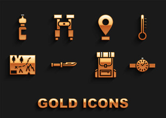 Set Camping knife, Meteorology thermometer, Wrist watch, Hiking backpack, Folded map with location, Location, Bottle of water and Binoculars icon. Vector