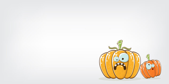 Funky Halloween or thanksgiving day horizontal banner with vector funny cartoon cute smiling friends pumpkins isolated on grey background.
