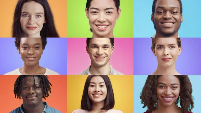 Diversity of people. Mosaic collage of happy multiethnic men and women smiling to camera over colorful background