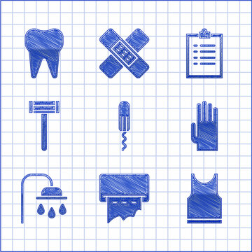 Set Sanitary tampon, Paper towel dispenser wall, Sleeveless T-shirt, Rubber gloves, Shower head, Shaving razor, Clipboard with checklist and Tooth icon. Vector