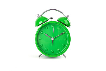 Green alarm clock on white background or isolated