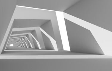 White empty interior. Gallery. Futuristic empty long light Sci-Fi tunnel. Template for design. Modern architectural presentation concept. 3D render. Shadow. Light. Wall. Floor. Perspective.	