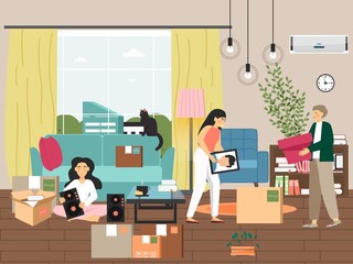 Happy family moving to new home, vector illustration. People pack things in cardboard boxes. Moving house and relocation