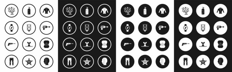 Set Wetsuit, Gauge scale, Compass, Coral, Fishing harpoon, Aqualung, Shell with pearl and icon. Vector