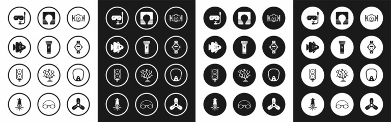 Set Photo camera, Flashlight, Fish, Diving mask and snorkel, watch, Life jacket, and Gauge scale icon. Vector