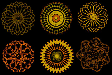 pattern with circles or set of gold  snowflakes or floral design elements. Isolated on black background.