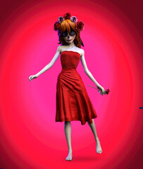 Halloween makeup beautiful sugar skull, model with rose in hand. Santa Muerte concept. 3D illustration