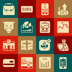 Set Mobile stock trading, Shield and money bag, Browser with growth graph, Stocks market graphs, Bull, Briefcase and Website icon. Vector