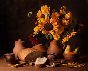 Classic still life with a bouquet of autumn flowers and fresh bread