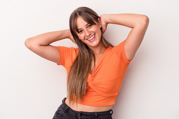 Young caucasian woman isolated on white background stretching arms, relaxed position.