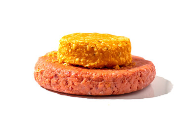 Big size uncooked beer burger with smoky barbeque cheese melt on white background. Meat industry top quality product. Premium class hamburger.