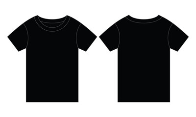 Kids Black Short Sleeve T-Shirt Template Vector on White Background.Front and Back View.