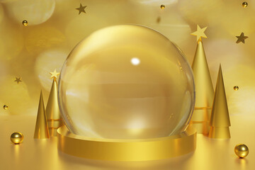 3d render of golden snow globe and gold cone Christmas trees with balls and stars with bokeh background