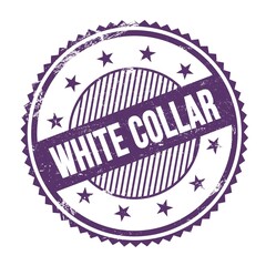 WHITE COLLAR text written on purple indigo grungy round stamp.