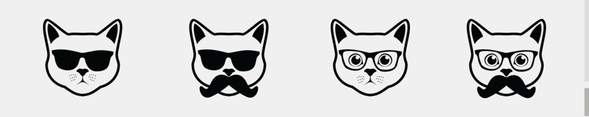 cat face head silhouette set cartoons emoticon icon isolated on white