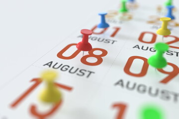 August 8 date and push pin on a calendar, 3D rendering