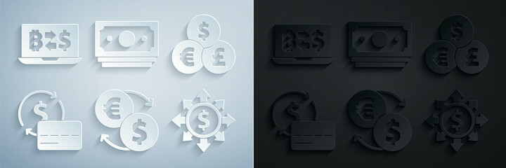 Set Money exchange, Currency, Credit card, Dollar, share, network, Stacks paper money cash and Cryptocurrency icon. Vector