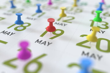 May 19 date marked with a pin calendar, 3D rendering
