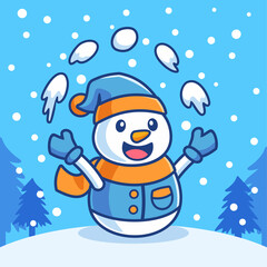 Cartoon Snowman Playing Snowball in Winter Season