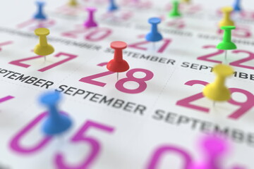 September 28 date and push pin on a calendar, 3D rendering