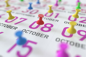 October 8 date and push pin on a calendar, 3D rendering