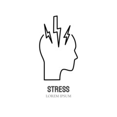 Stress and anxiety line icon concept. Human head with lightning sign outline stroke element. Psychologist counseling. Psychotherpy, mood disorder, depression. Editable stroke vector illustration