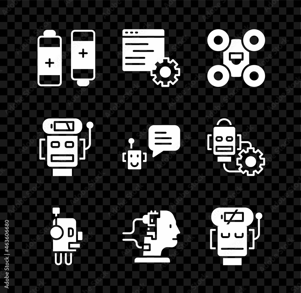 Poster set battery, computer api interface, drone, robot, for maintenance, low battery charge, and bot icon