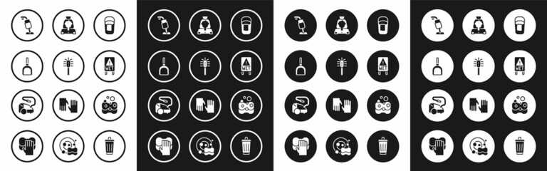 Set Bucket with rag, Toilet brush, Dustpan, Vacuum cleaner, Wet floor, Cleaning lady service, Sponge and icon. Vector