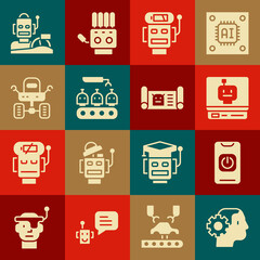 Set Humanoid robot, Turn off from phone, Robot, low battery charge, Industrial production robots, Mars rover, humanoid driving car and blueprint icon. Vector