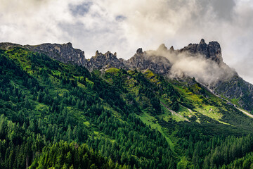 Elferspitze in austrian Stubai Alps in clouds.