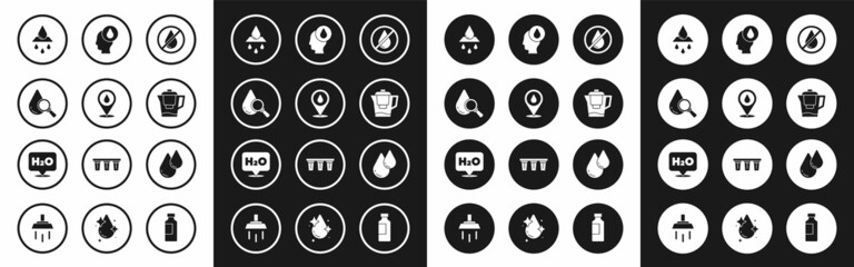 Set Water drop forbidden, with location, Drop and magnifying glass, Recycle clean aqua, jug filter, and Chemical formula H2O icon. Vector