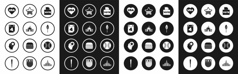 Set Vote box, United States Capitol Congress, Calendar with date July 4, USA Independence day, Indian feather, Baseball ball and Head icon. Vector