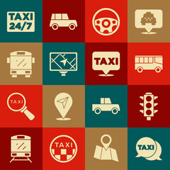 Set Taxi call telephone service, Traffic light, Bus, Steering wheel, Gps device with map, Location taxi and icon. Vector