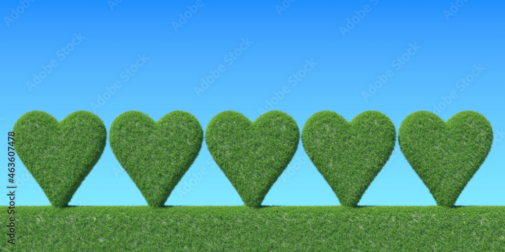 Poster heart shapes made with green grass. conceptual 3d rendering