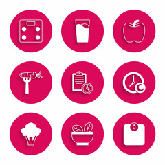 Set Sport training program, Salad bowl, Bathroom scales, Time to sleep, Broccoli, Carrot on fork, Apple and icon. Vector