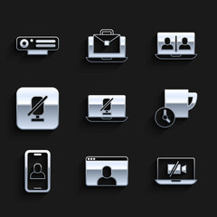 Set Mute microphone on laptop, Video chat conference, camera Off, Time management, and Web icon. Vector