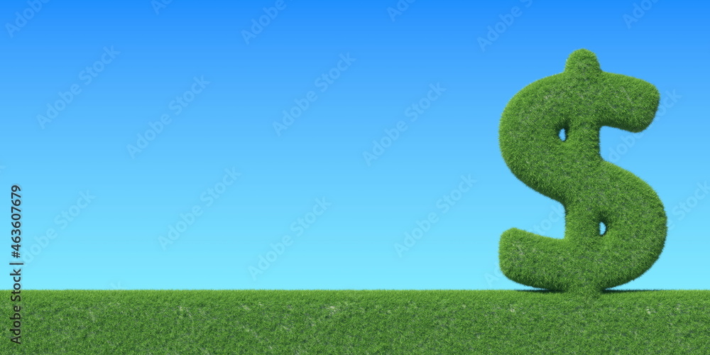 Poster dollar symbol made with green grass. conceptual 3d rendering