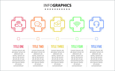 Fototapeta na wymiar Vector Infographic design with icons. 5 options or 5 steps. process diagram, flow chart, info graph, Infographics for business concept, presentations banner, workflow layout.