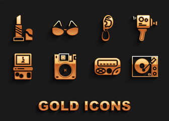 Set Floppy disk, Retro cinema camera, Vinyl player, Pager, Tetris, Ear with earring, Lipstick and Glasses icon. Vector