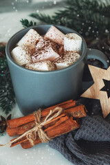 Cacao with marshmallows and Christmas decorations, star and cinnamon 
