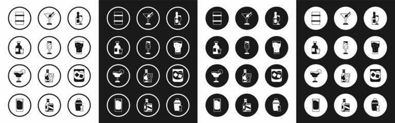 Fototapeta premium Set Champagne bottle and glass, Glass of champagne, Bottle vodka with, Metal beer keg, Martini, whiskey and Cocktail icon. Vector
