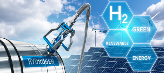 Hydrogen gas station with solar panels and wind turbines in the background. Production green...