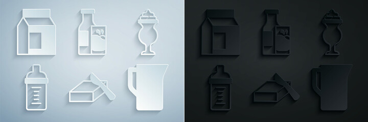 Set Butter in a butter dish, Milkshake, Baby milk bottle, jug or pitcher, Bottle and glass and Paper package for icon. Vector