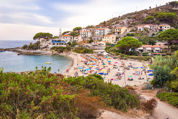 Seccheto, Elba Island, Province of Livorno Italy - September 14 2021 View over sandy colorful beach...