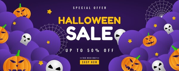 Happy Halloween banner purple gradient background with night clouds, skull and pumpkin