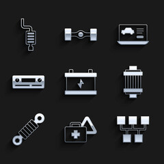 Set Car battery, First aid kit and warning triangle, Gear shifter, air filter, Shock absorber, Audio, Diagnostics condition of car and muffler icon. Vector