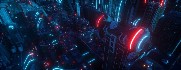 Aerial view on a futuristic city. Wallpaper in a cyberpunk style. Cityscape from a top view. Urban landscape with bright neon lights and huge futuristic buildings. 3D illustration.