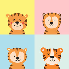 Set of cute posters with tiger vector prints for baby room, baby shower, greeting card, New year card