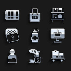 Set Sauce bottle, Price tag for fish, Hand truck and boxes, Shopping cart on computer, Spice can, New price dollar, Warehouse interior with and Barcode icon. Vector